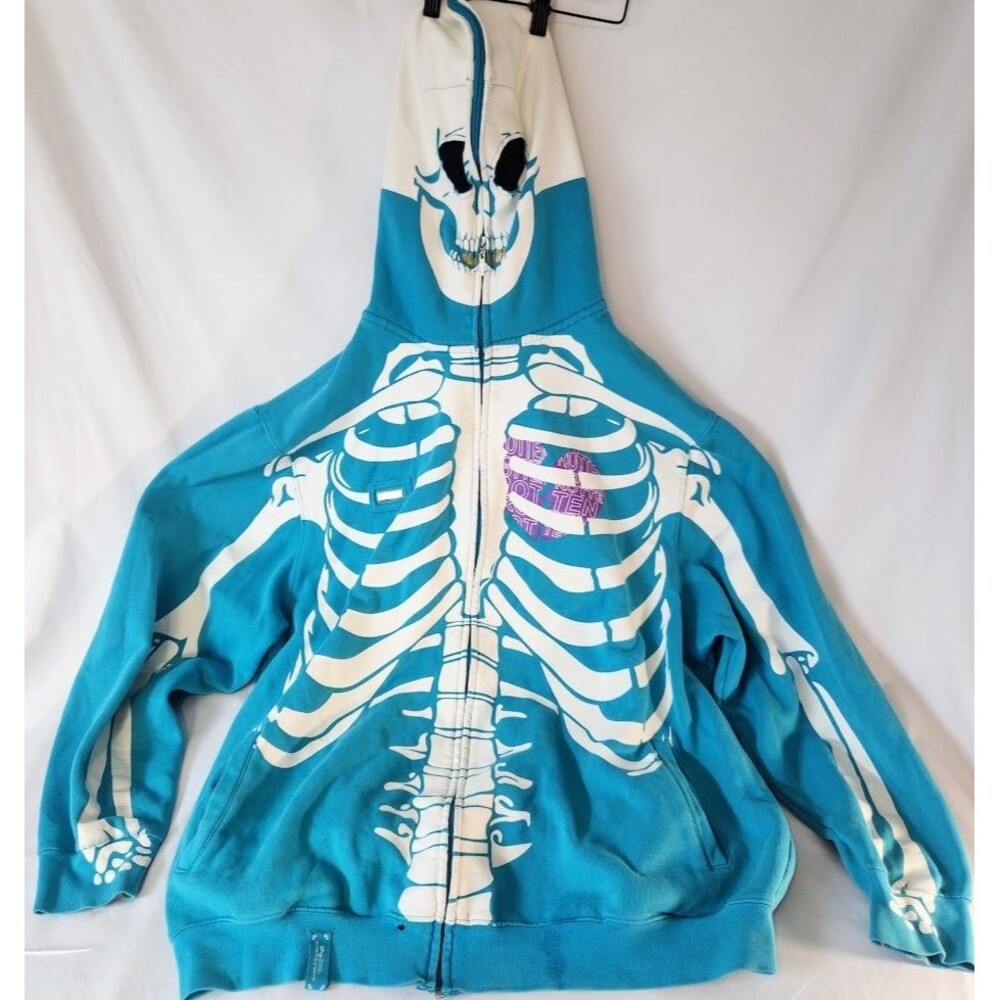 LRG Dead Serious Mens Skeleton Hoodie Turquoise Full Zip Skull Design Size XXXL
